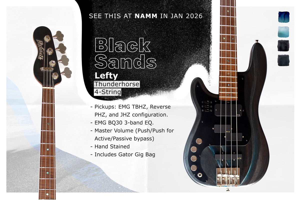 McGrath Thunderhorse IV Black Sands custom left-handed bass guitar with hand-painted finish and EMG pickups.