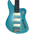 Blue electric bass guitar on a white background