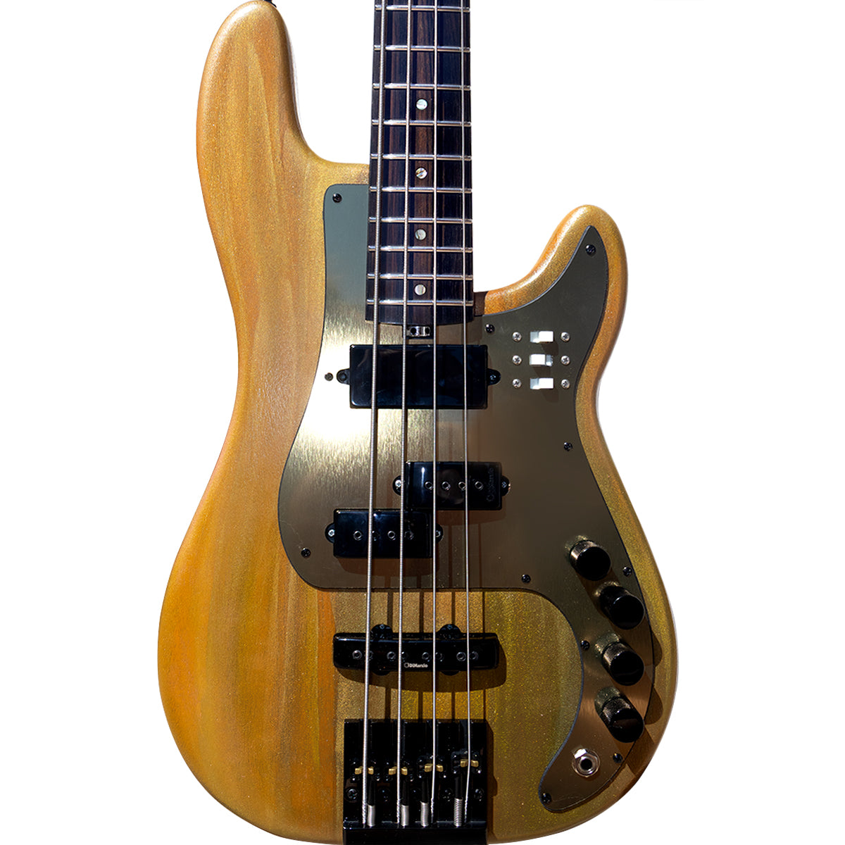 Wooden electric bass guitar on a white background