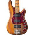 Wooden electric bass guitar with a flame maple top on a white background