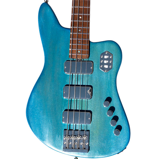 Blue electric bass guitar on a white background