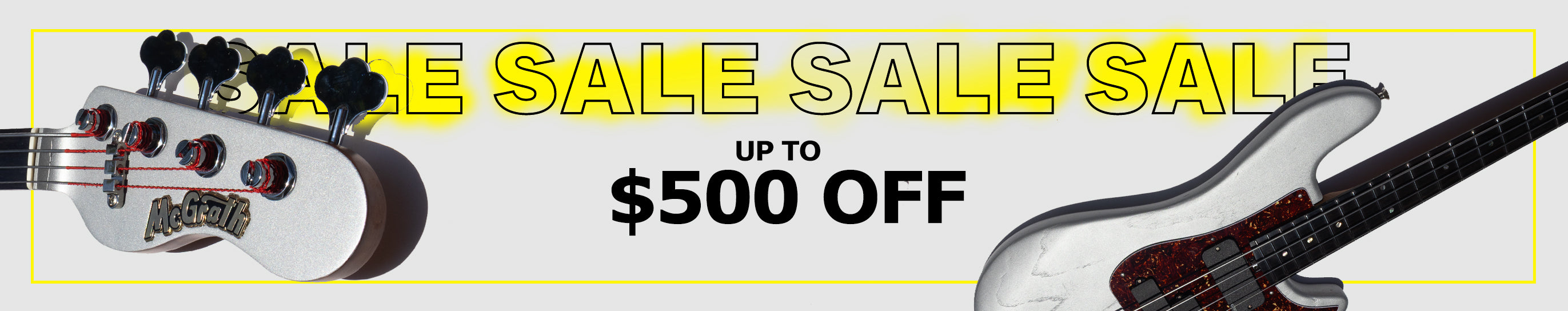 Guitar with 'Sale' text and '$500 Off' offer on a yellow background