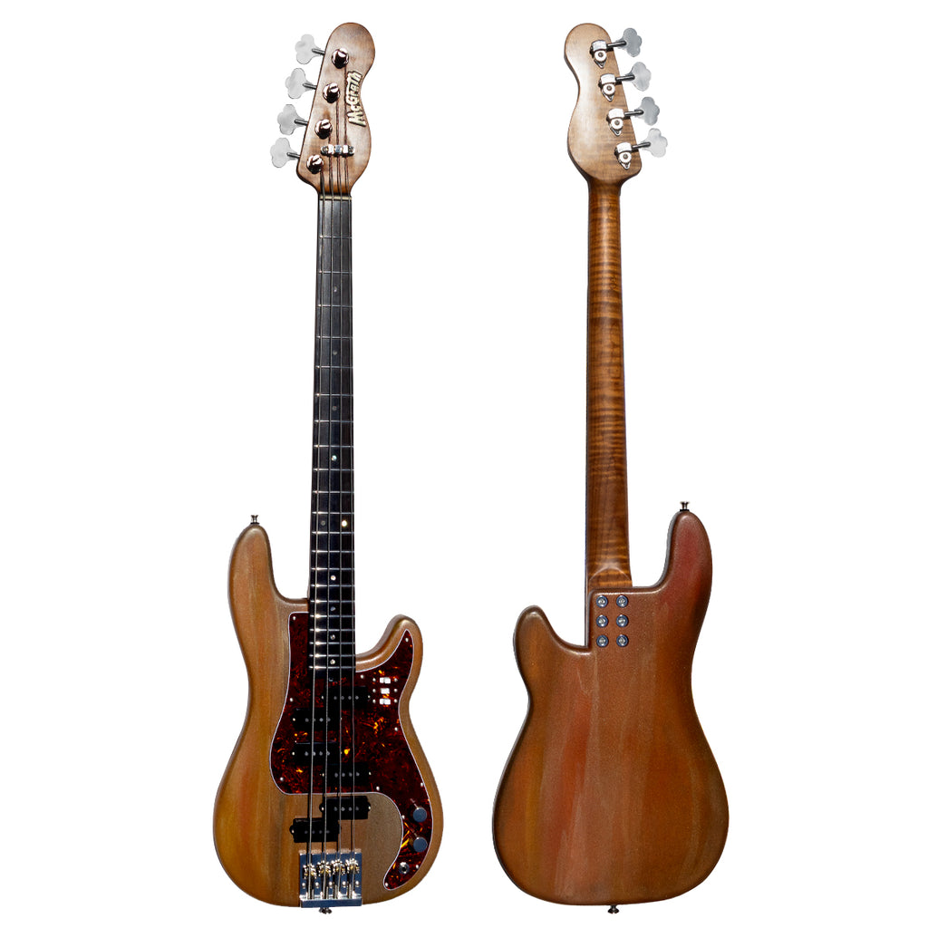 Two electric bass guitars with a white background