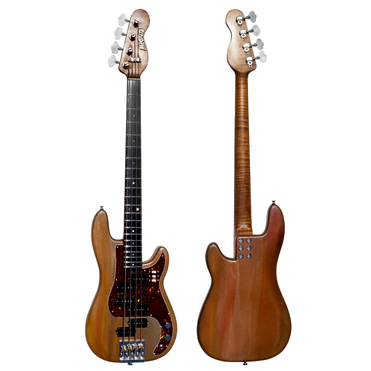 Two electric bass guitars with a white background