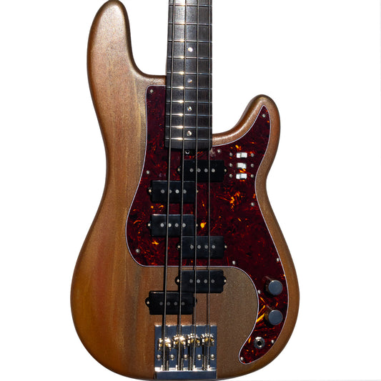 Brown electric bass guitar with tortoiseshell pickguard on a white background