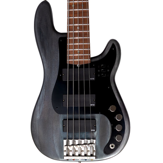 Black electric bass guitar on a white background
