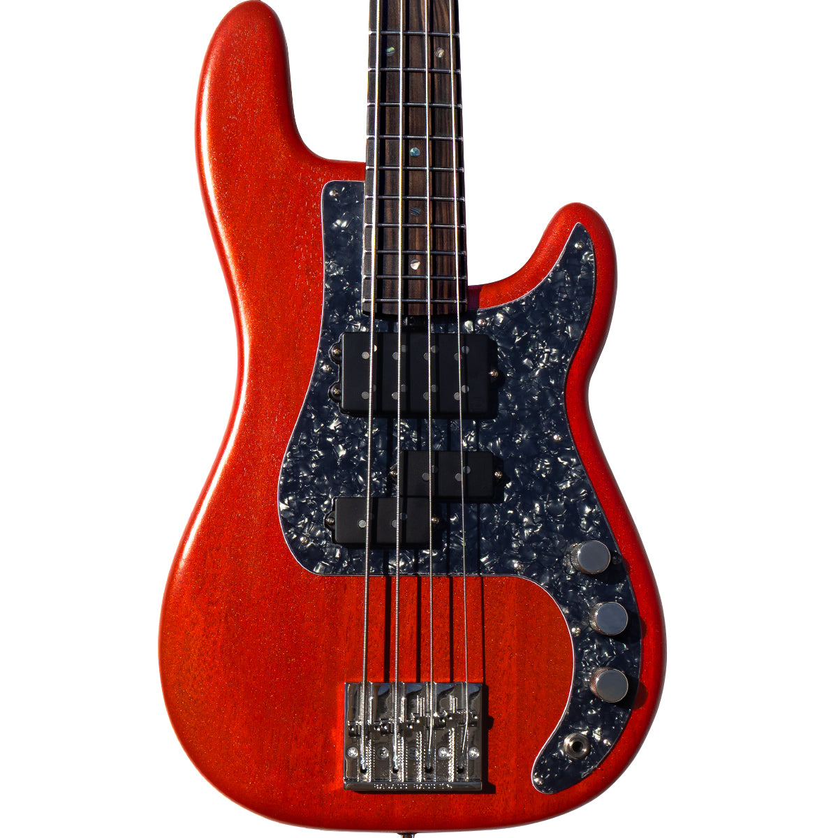 Red electric bass guitar with a black pickguard on a white background